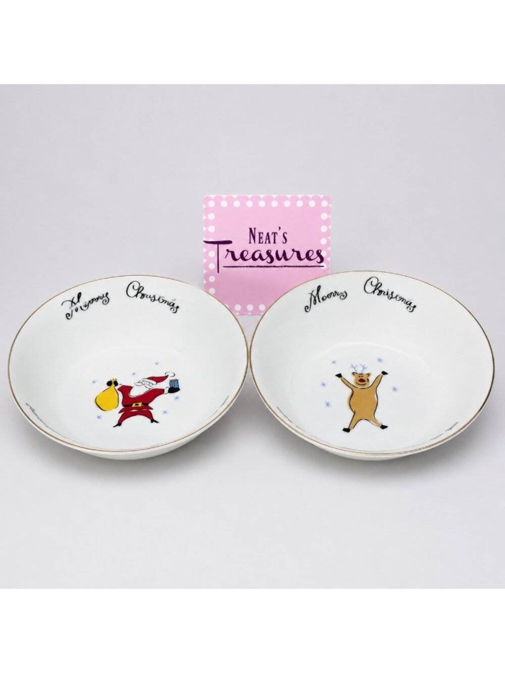 2001 Merry Brite MERRY CHRISTMAS Reindeer Package Santa Soup Cereal Bowls  Set 2